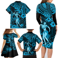 Hawaii Hula Girl Family Matching Long Sleeve Bodycon Dress and Hawaiian Shirt Hibiscus Hawaii Tribal Tattoo Sky Blue Version LT01 - Polynesian Pride
