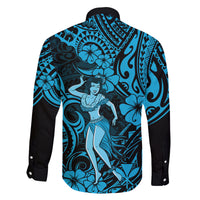 Hawaii Hula Girl Family Matching Off Shoulder Long Sleeve Dress and Hawaiian Shirt Hibiscus Hawaii Tribal Tattoo Sky Blue Version LT01 - Polynesian Pride