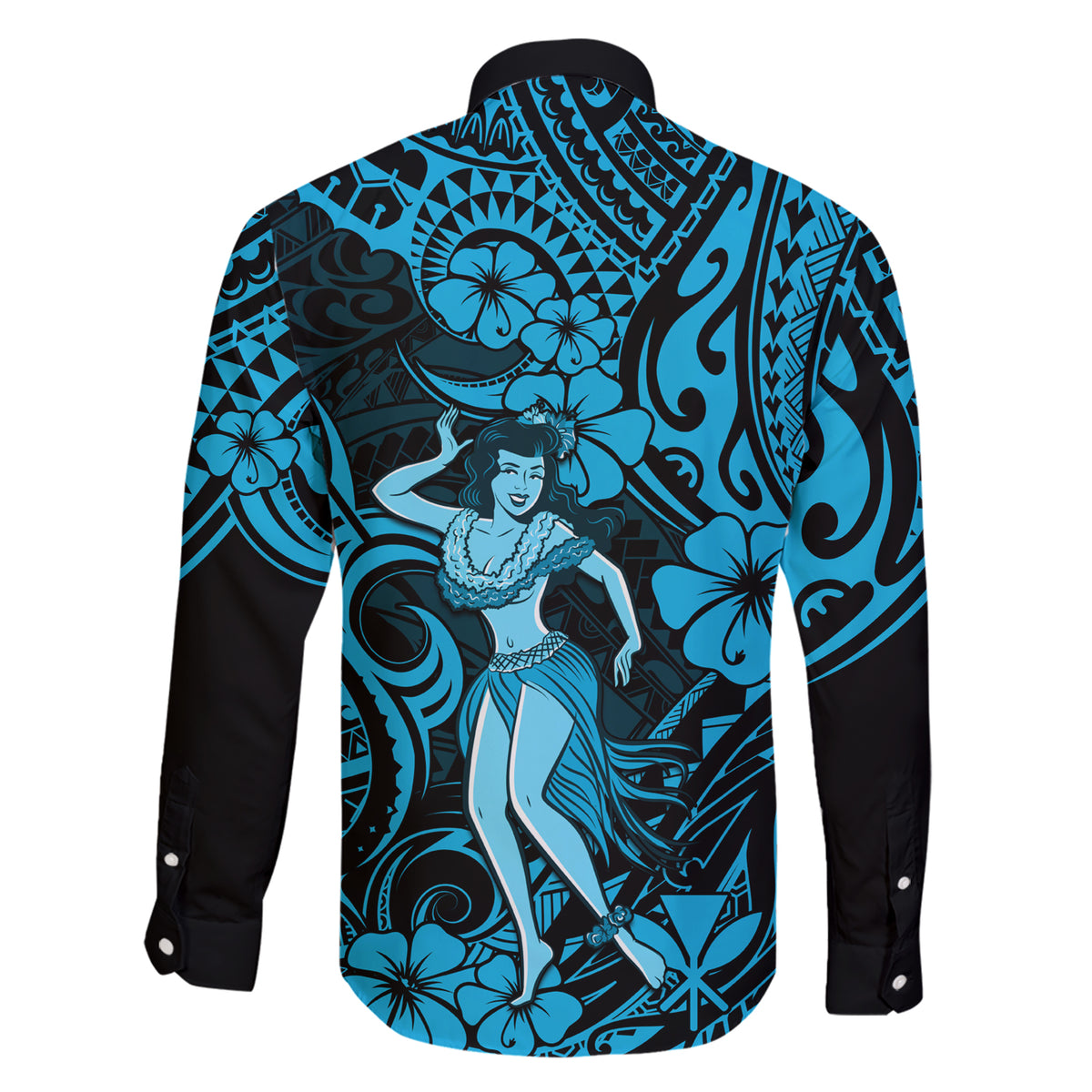 Hawaii Hula Girl Family Matching Short Sleeve Bodycon Dress and Hawaiian Shirt Hibiscus Hawaii Tribal Tattoo Sky Blue Version LT01 - Polynesian Pride