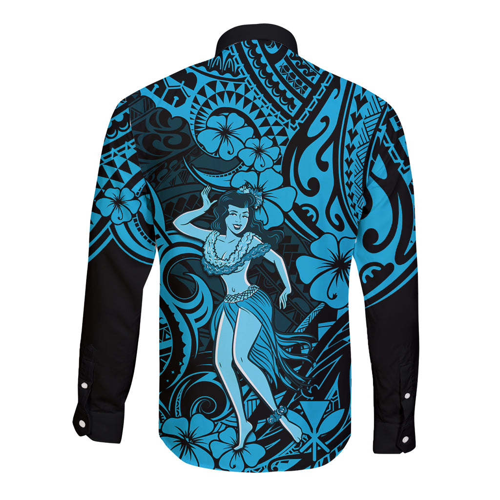 Hawaii Hula Girl Long Sleeve Button Shirt Hibiscus Hawaii Tribal Tattoo Sky Blue Version LT01 - Polynesian Pride