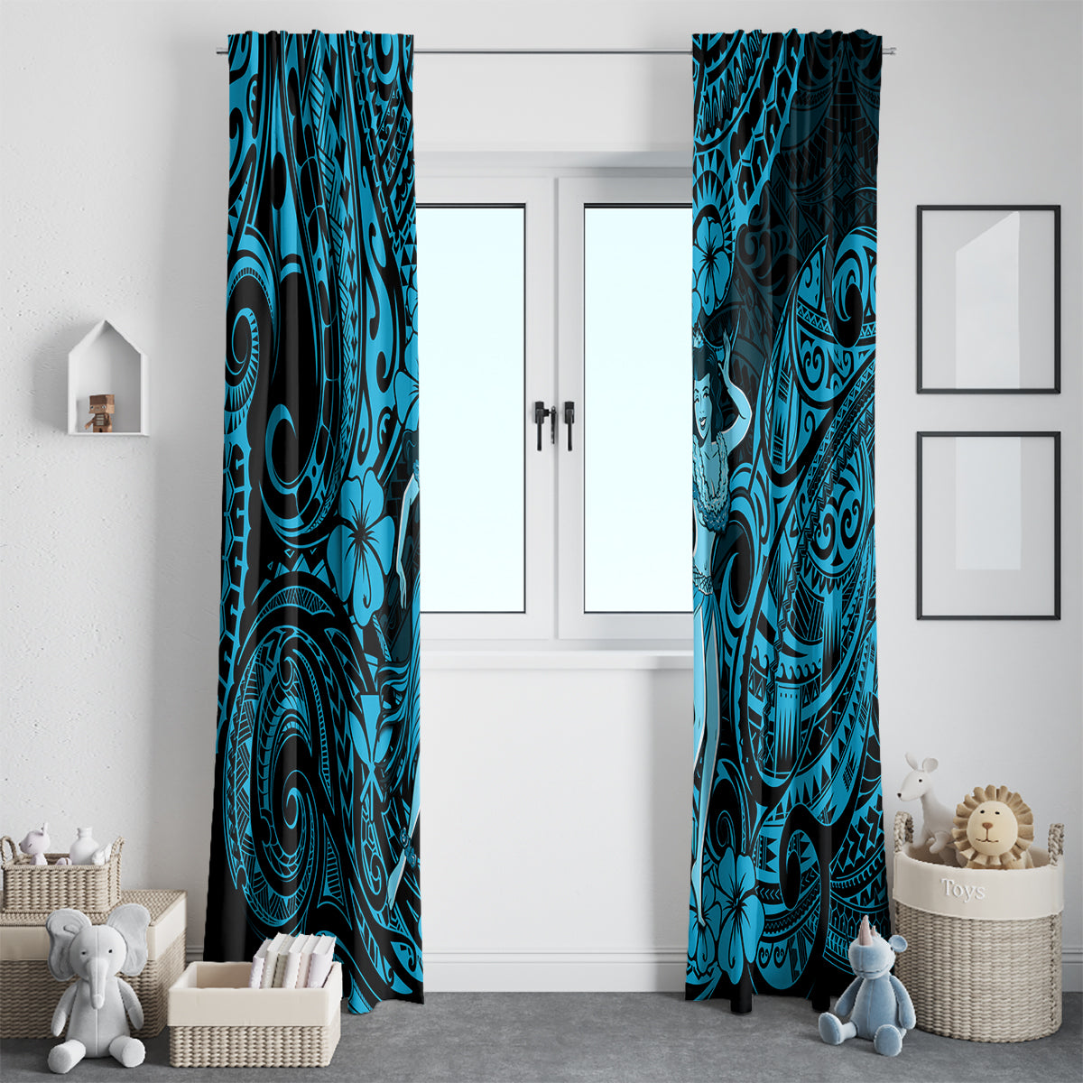 Hawaii Hula Girl Window Curtain Hibiscus Hawaii Tribal Tattoo Sky Blue Version LT01 - Polynesian Pride