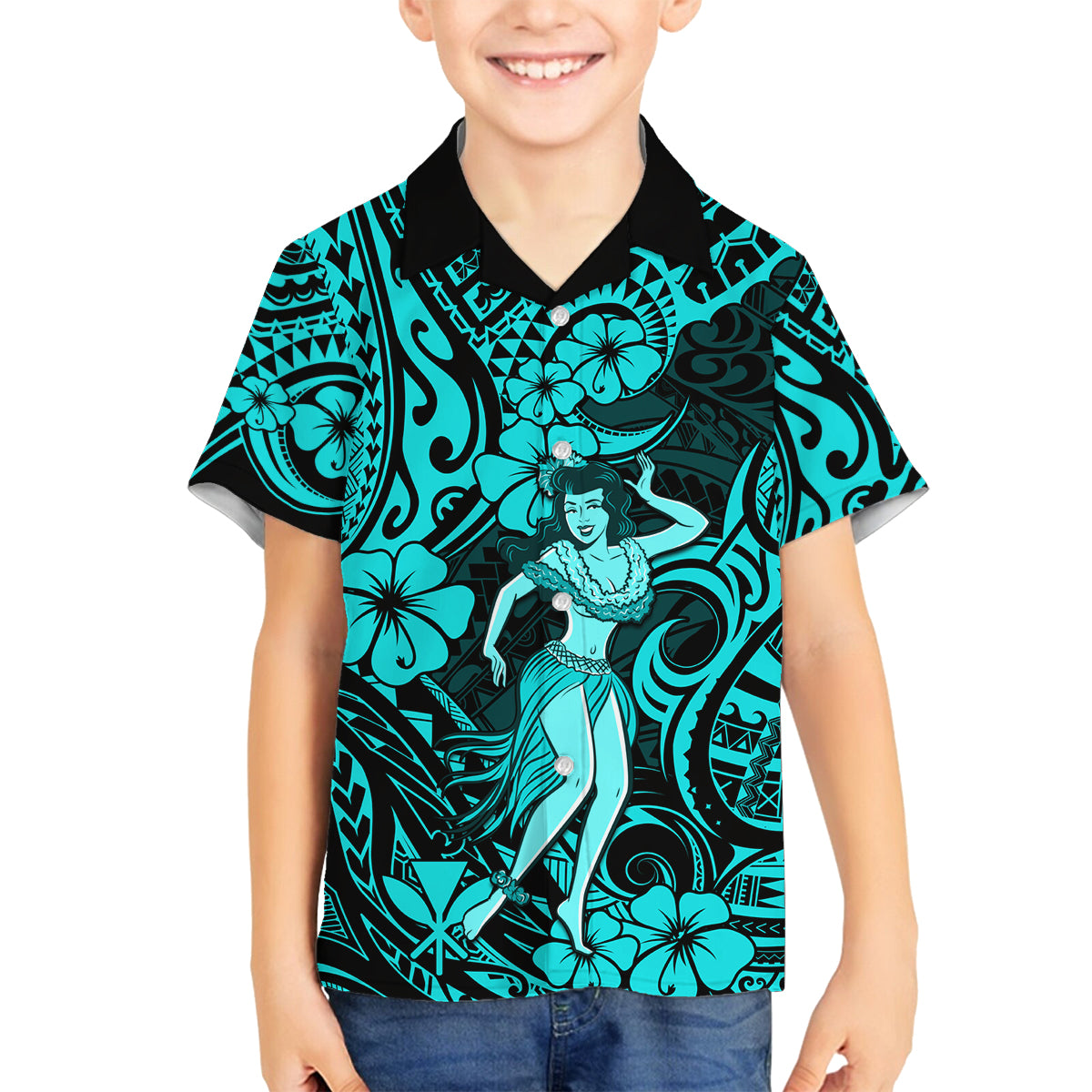 Hawaii Hula Girl Family Matching Puletasi Dress and Hawaiian Shirt Hibiscus Hawaii Tribal Tattoo Turquoise Version LT01 Son's Shirt Turquoise - Polynesian Pride