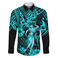 Hawaii Hula Girl Family Matching Summer Maxi Dress and Hawaiian Shirt Hibiscus Hawaii Tribal Tattoo Turquoise Version LT01 Dad's Shirt - Long Sleeve Turquoise - Polynesian Pride