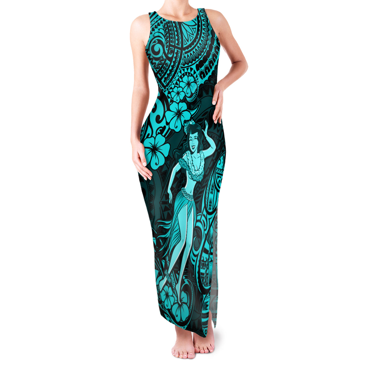 Hawaii Hula Girl Family Matching Tank Maxi Dress and Hawaiian Shirt Hibiscus Hawaii Tribal Tattoo Turquoise Version LT01 Mom's Dress Turquoise - Polynesian Pride