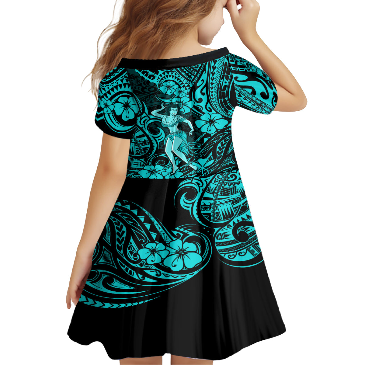 Hawaii Hula Girl Kid Short Sleeve Dress Hibiscus Hawaii Tribal Tattoo Turquoise Version LT01 - Polynesian Pride