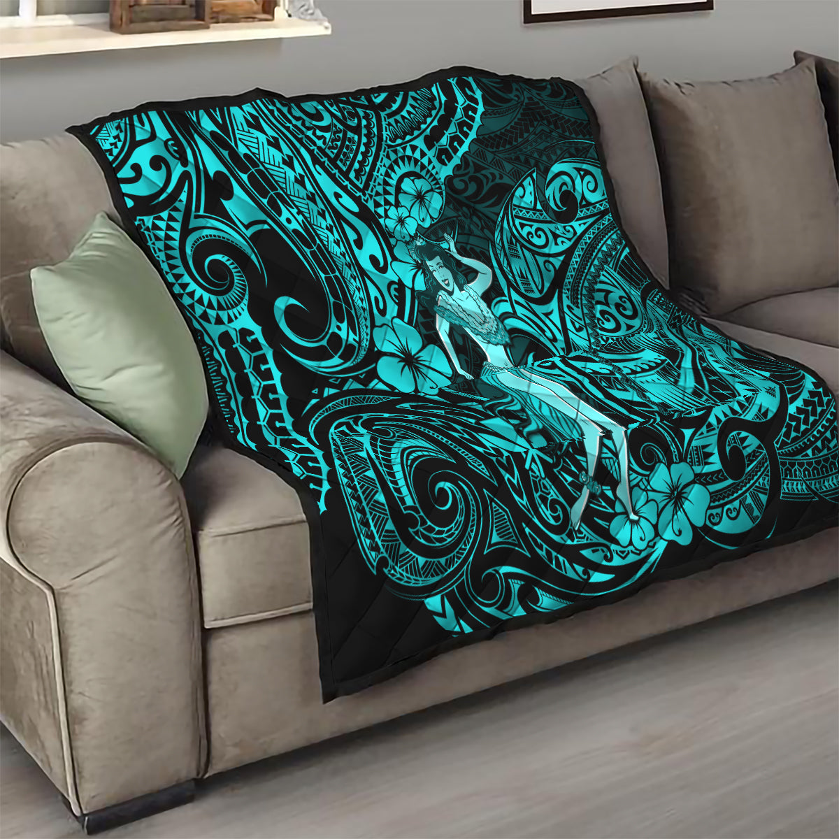 Hawaii Hula Girl Quilt Hibiscus Hawaii Tribal Tattoo Turquoise Version LT01 - Polynesian Pride