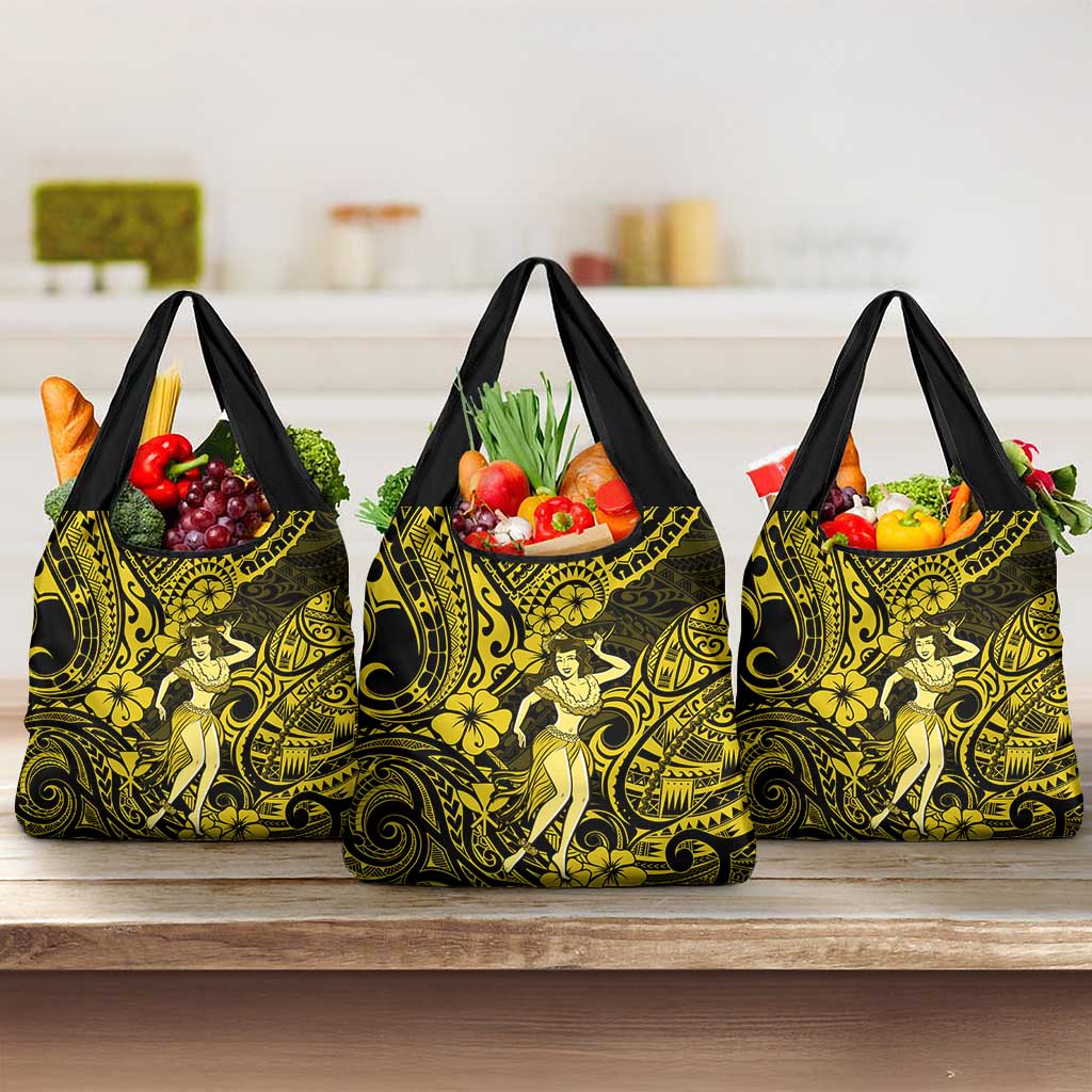 Hawaii Hula Girl Grocery Bag Hibiscus Hawaii Tribal Tattoo Yellow Version