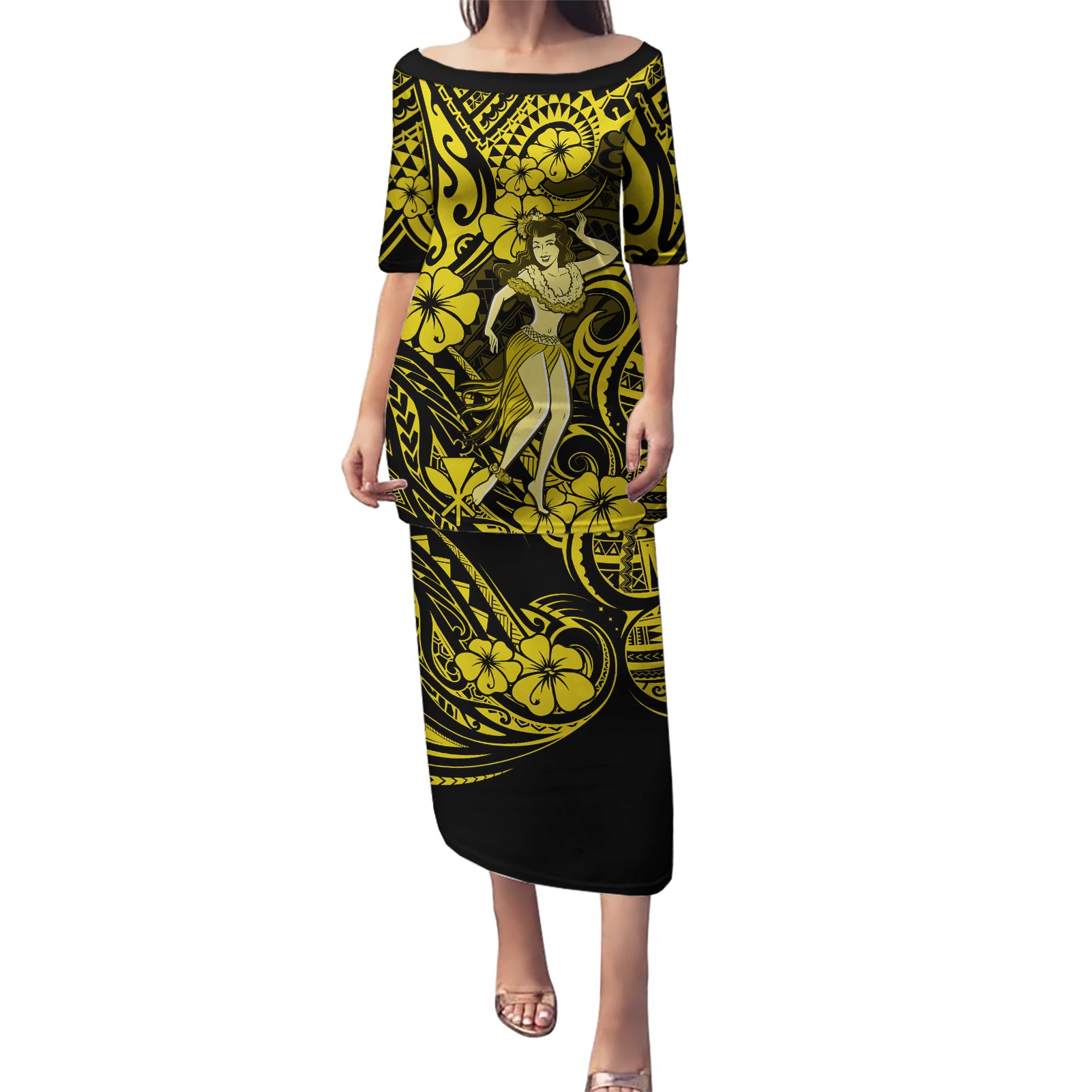 Hawaii Hula Girl Puletasi Hibiscus Hawaii Tribal Tattoo Yellow Version LT01 Long Dress Yellow - Polynesian Pride