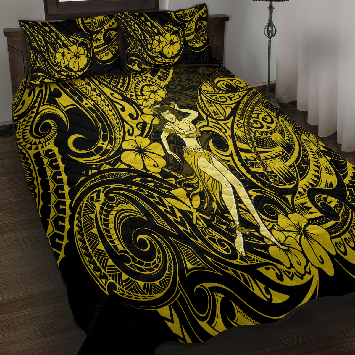 Hawaii Hula Girl Quilt Bed Set Hibiscus Hawaii Tribal Tattoo Yellow Version LT01 - Polynesian Pride