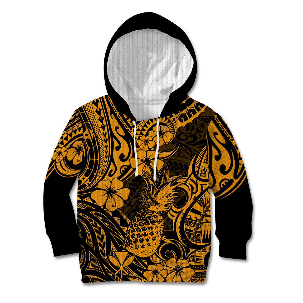 Hawaii Pineapple Kid Hoodie Paradise Flowers Pacific With Gold Polynesian Tribal LT01 Gold - Polynesian Pride