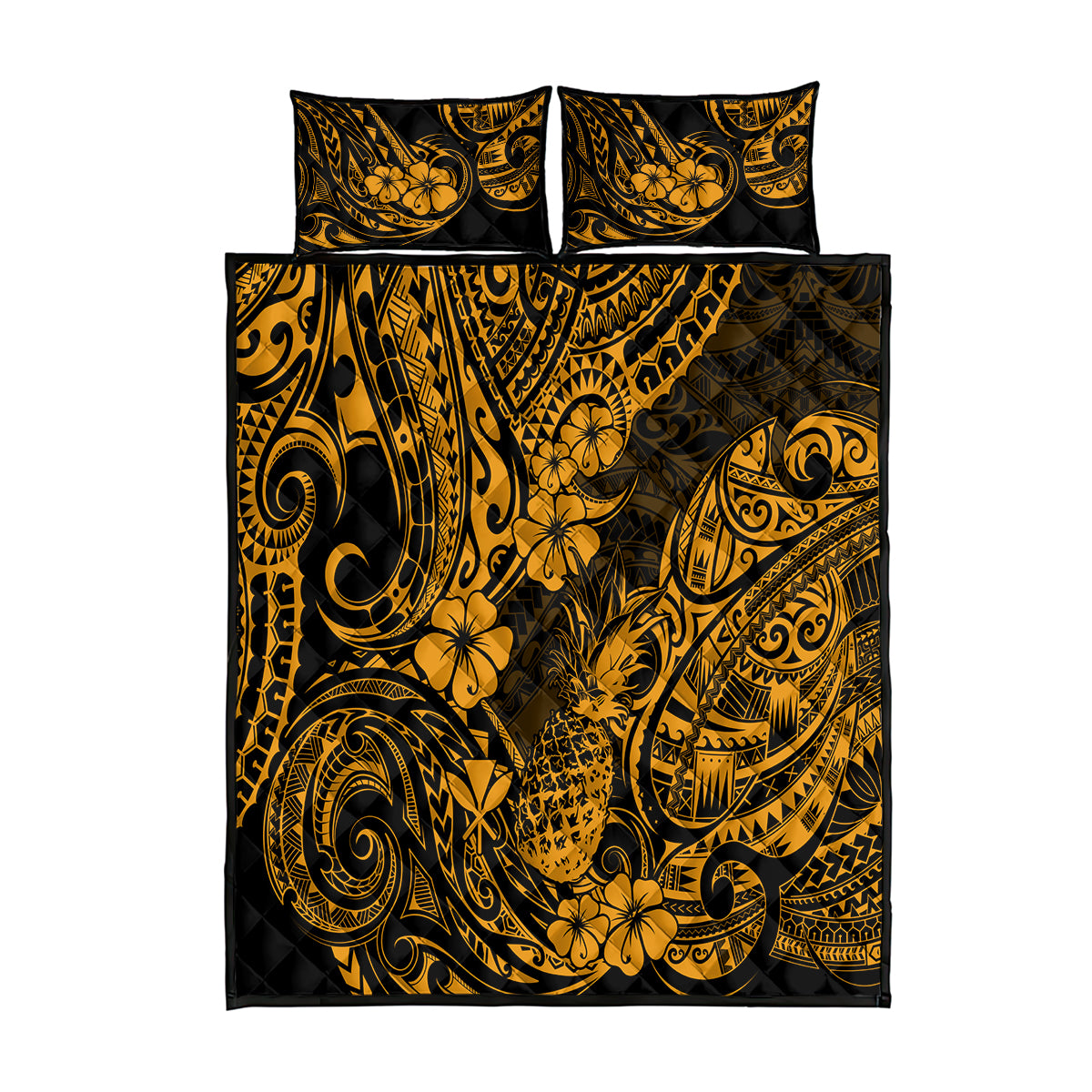 Hawaii Pineapple Quilt Bed Set Paradise Flowers Pacific With Gold Polynesian Tribal LT01 Gold - Polynesian Pride