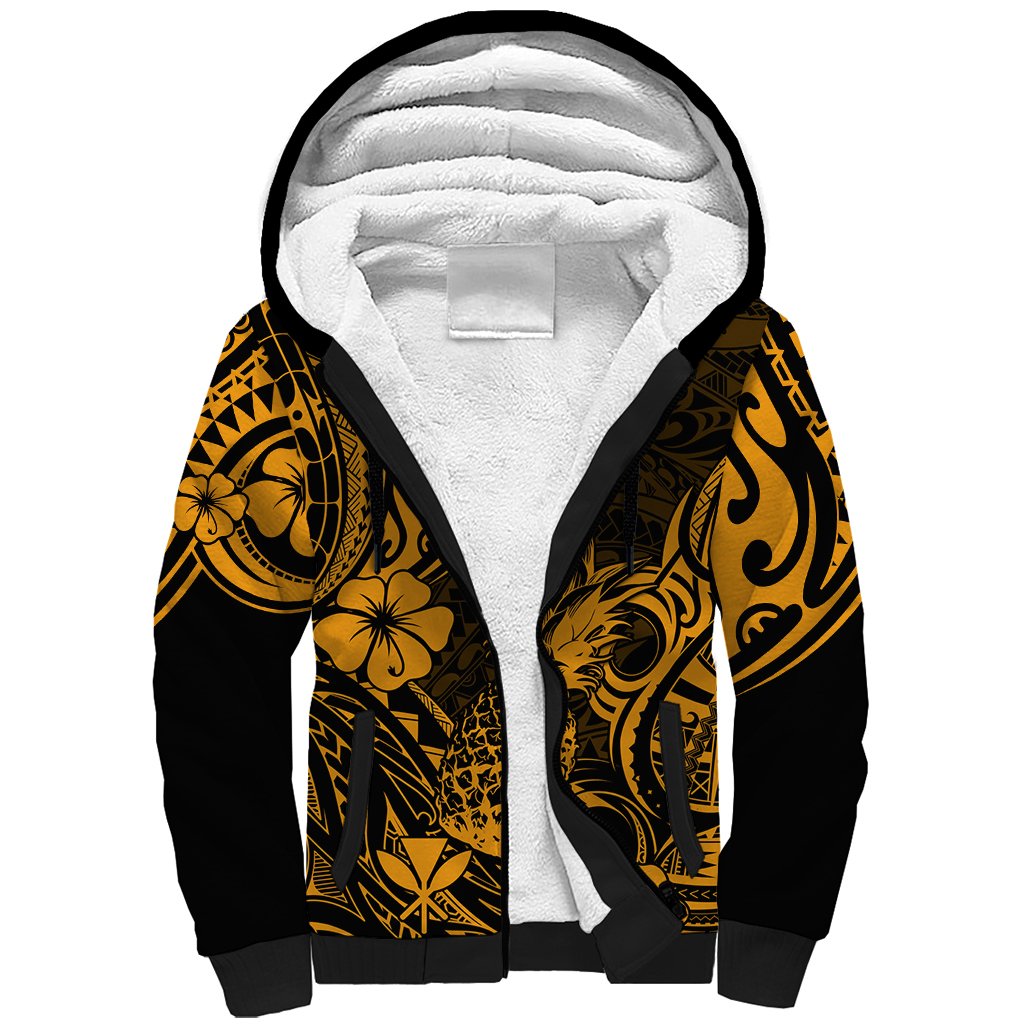 Hawaii Pineapple Sherpa Hoodie Paradise Flowers Pacific With Gold Polynesian Tribal LT01 Unisex Gold - Polynesian Pride