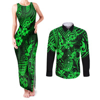Hawaii Pineapple Couples Matching Tank Maxi Dress and Long Sleeve Button Shirts Paradise Flowers Pacific With Green Polynesian Tribal LT01 Green - Polynesian Pride