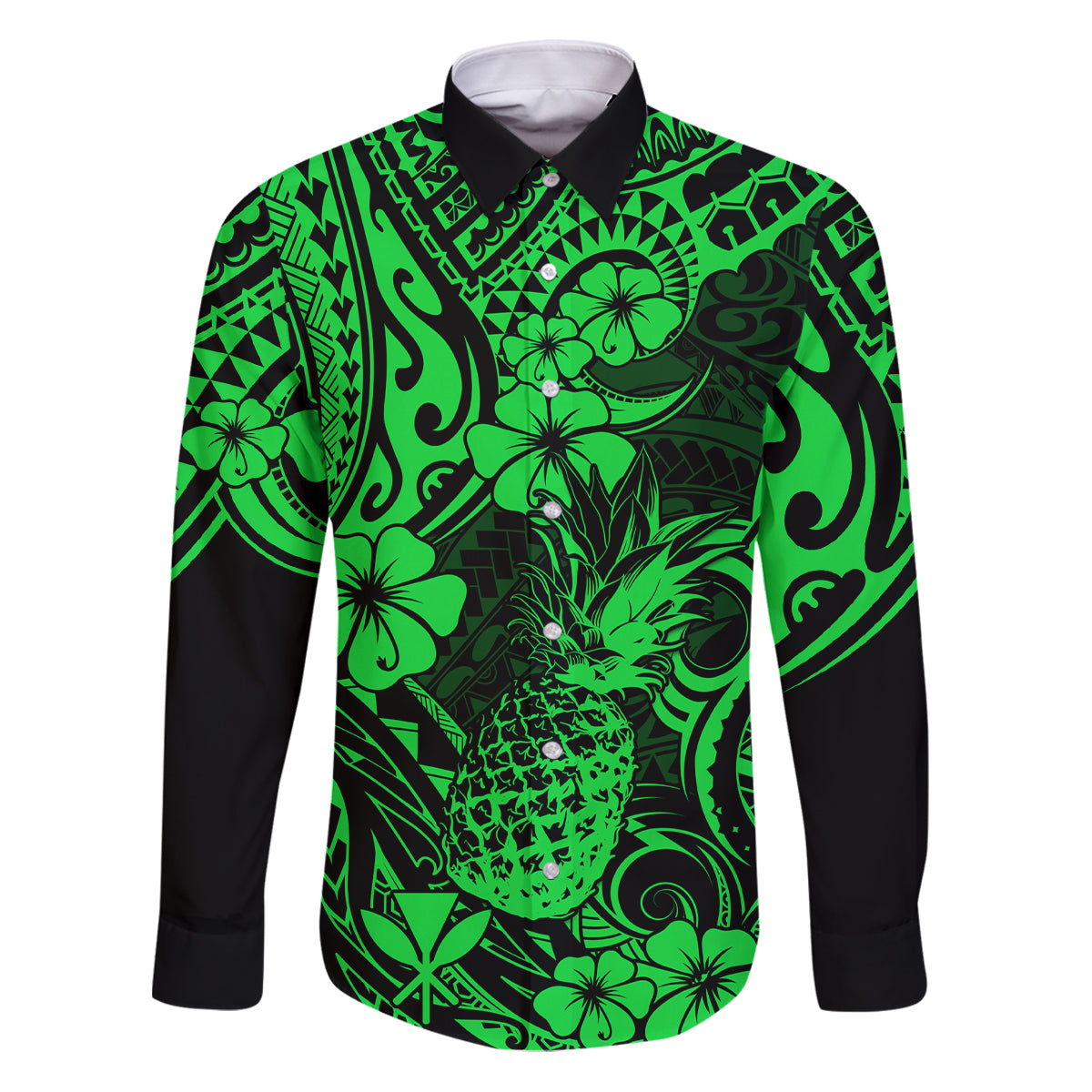 Hawaii Pineapple Family Matching Puletasi Dress and Hawaiian Shirt Paradise Flowers Pacific With Green Polynesian Tribal LT01 Dad's Shirt - Long Sleeve Green - Polynesian Pride