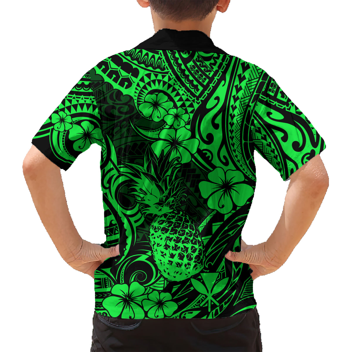 Hawaii Pineapple Family Matching Short Sleeve Bodycon Dress and Hawaiian Shirt Paradise Flowers Pacific With Green Polynesian Tribal LT01 - Polynesian Pride