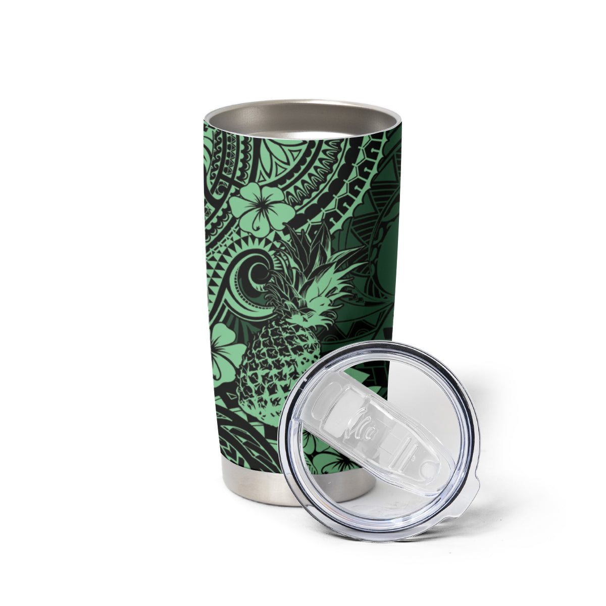 Hawaii Pineapple Tumbler Cup Paradise Flowers Pacific With Green Polynesian Tribal