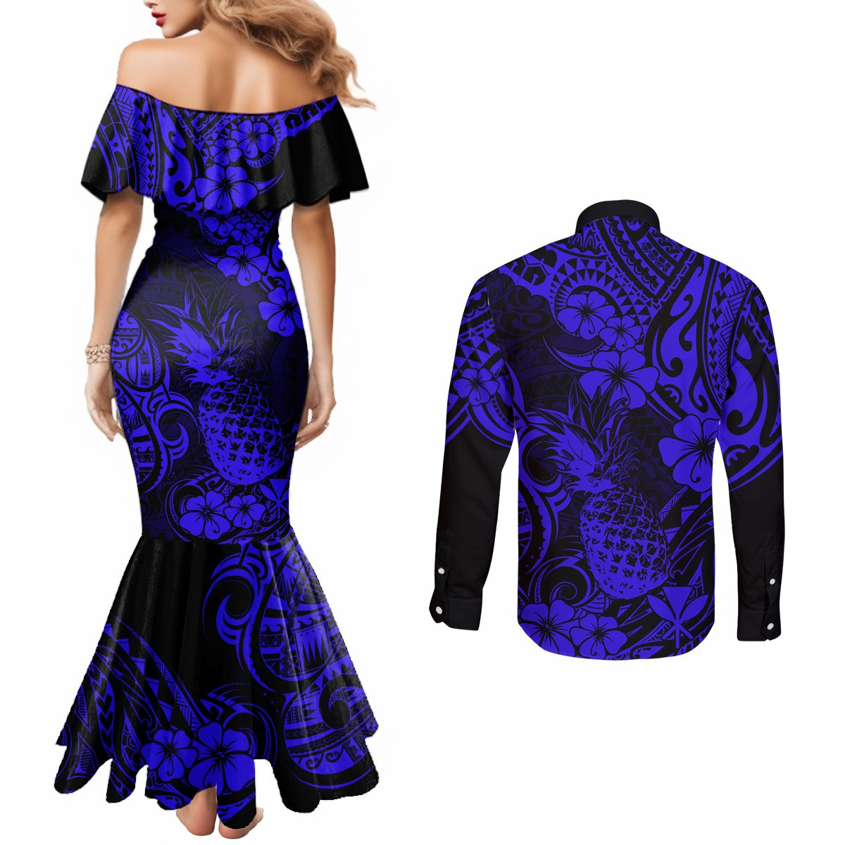 Hawaii Pineapple Couples Matching Mermaid Dress and Long Sleeve Button Shirts Paradise Flowers Pacific With Navy Blue Polynesian Tribal LT01 - Polynesian Pride