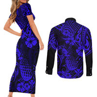 Hawaii Pineapple Couples Matching Short Sleeve Bodycon Dress and Long Sleeve Button Shirts Paradise Flowers Pacific With Navy Blue Polynesian Tribal LT01 - Polynesian Pride