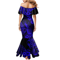 Hawaii Pineapple Family Matching Mermaid Dress and Hawaiian Shirt Paradise Flowers Pacific With Navy Blue Polynesian Tribal LT01 - Polynesian Pride