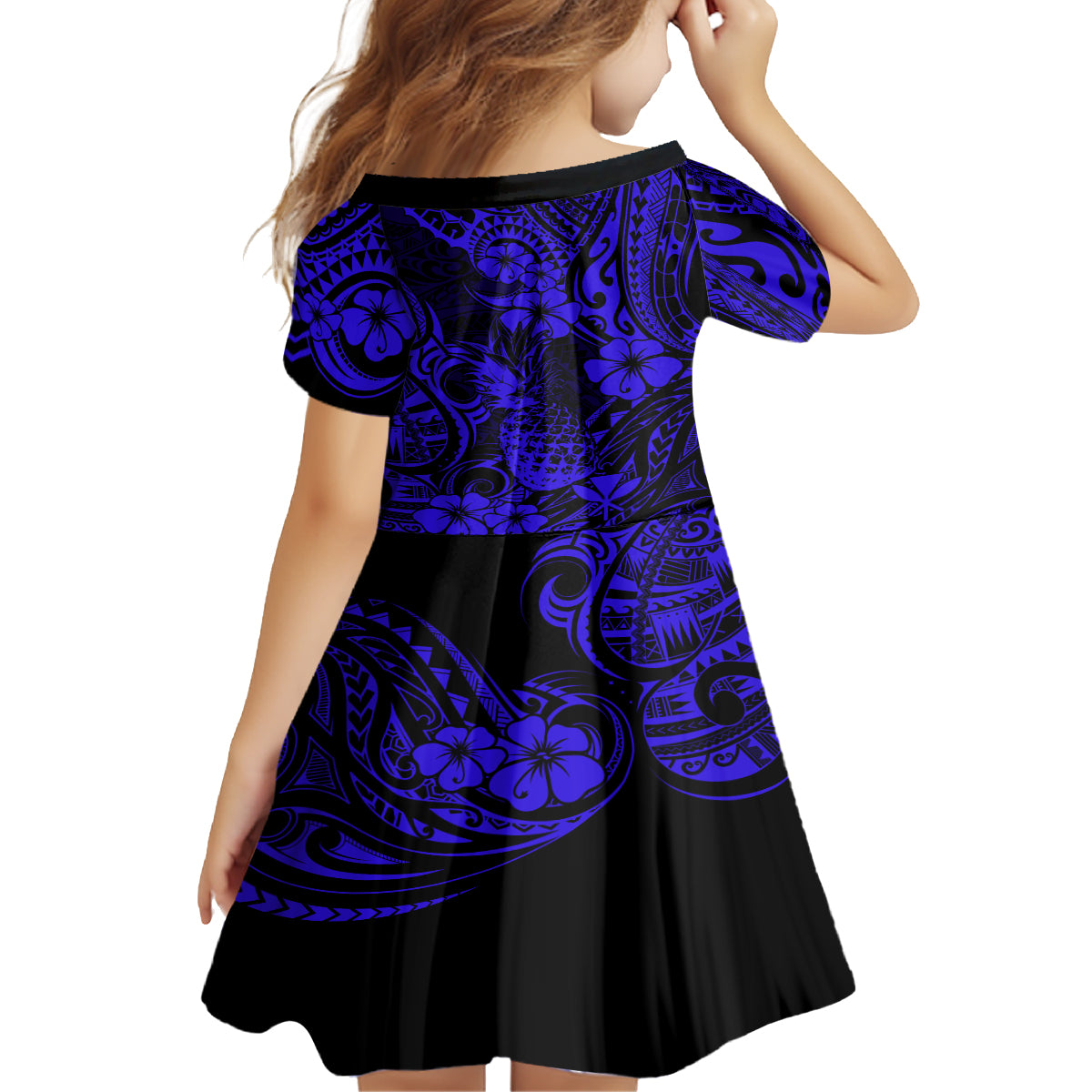 Hawaii Pineapple Kid Short Sleeve Dress Paradise Flowers Pacific With Navy Blue Polynesian Tribal LT01 - Polynesian Pride
