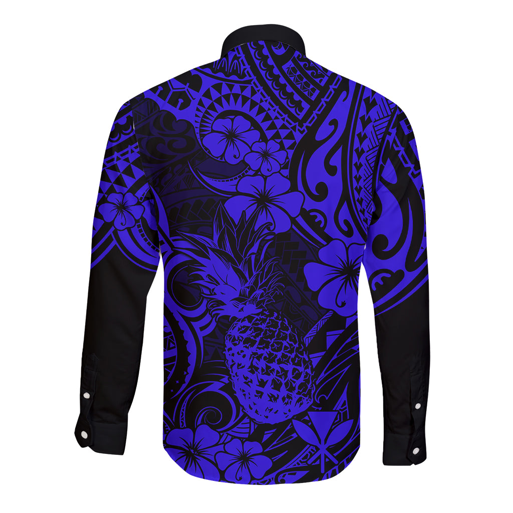 Hawaii Pineapple Long Sleeve Button Shirt Paradise Flowers Pacific With Navy Blue Polynesian Tribal LT01 - Polynesian Pride