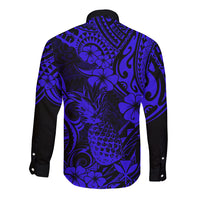 Hawaii Pineapple Long Sleeve Button Shirt Paradise Flowers Pacific With Navy Blue Polynesian Tribal LT01 - Polynesian Pride