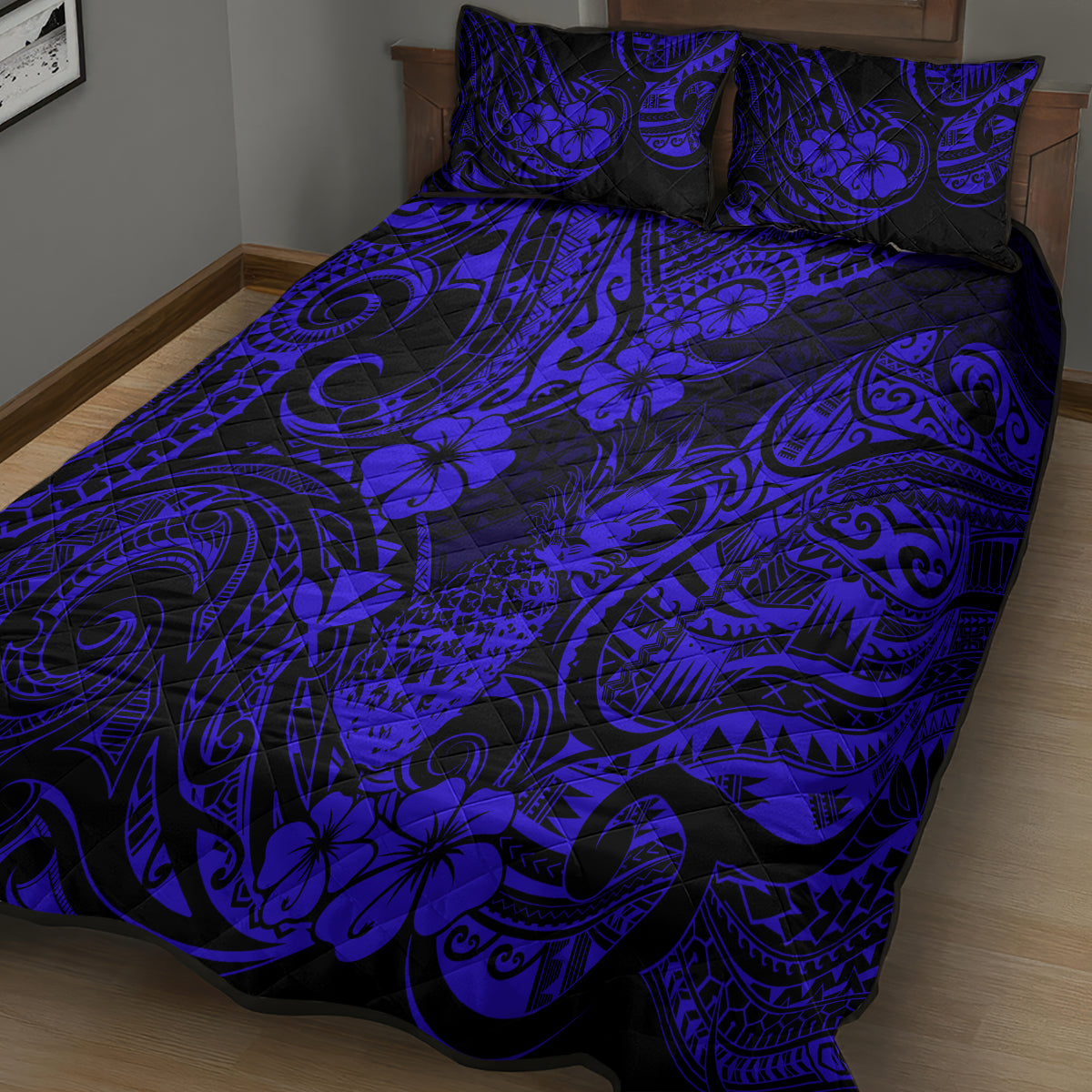 Hawaii Pineapple Quilt Bed Set Paradise Flowers Pacific With Navy Blue Polynesian Tribal LT01 - Polynesian Pride