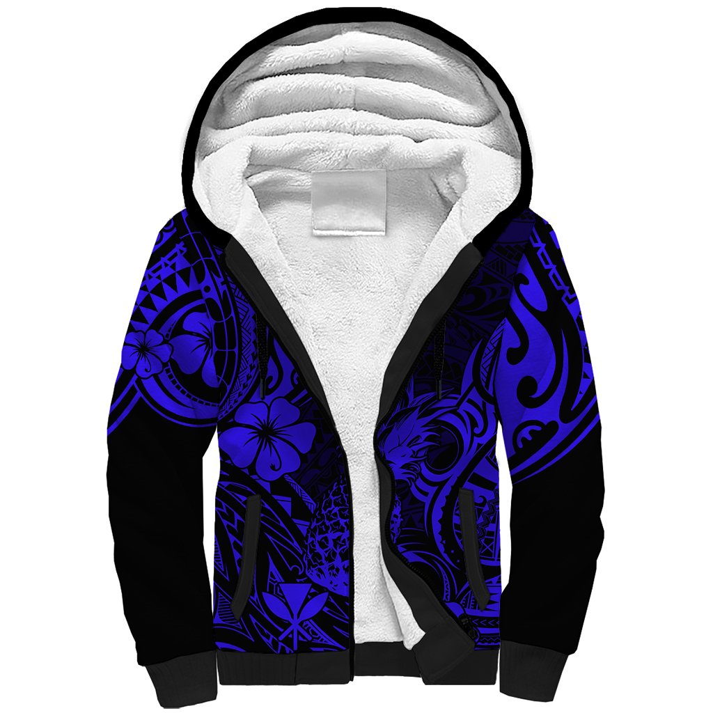 Hawaii Pineapple Sherpa Hoodie Paradise Flowers Pacific With Navy Blue Polynesian Tribal LT01 Unisex Blue - Polynesian Pride