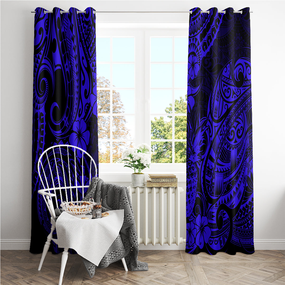 Hawaii Pineapple Window Curtain Paradise Flowers Pacific With Navy Blue Polynesian Tribal LT01 - Polynesian Pride