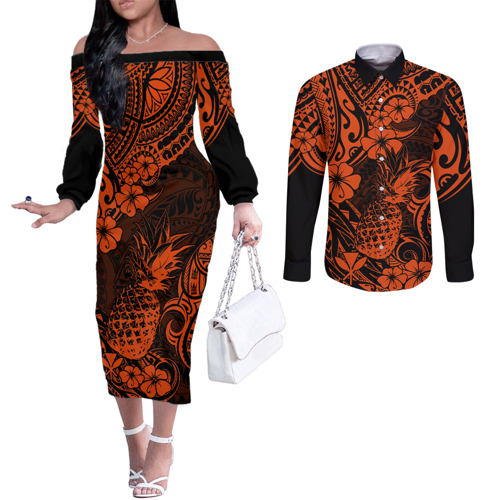 Hawaii Pineapple Couples Matching Off The Shoulder Long Sleeve Dress and Long Sleeve Button Shirts Paradise Flowers Pacific With Orange Polynesian Tribal LT01 Orange - Polynesian Pride