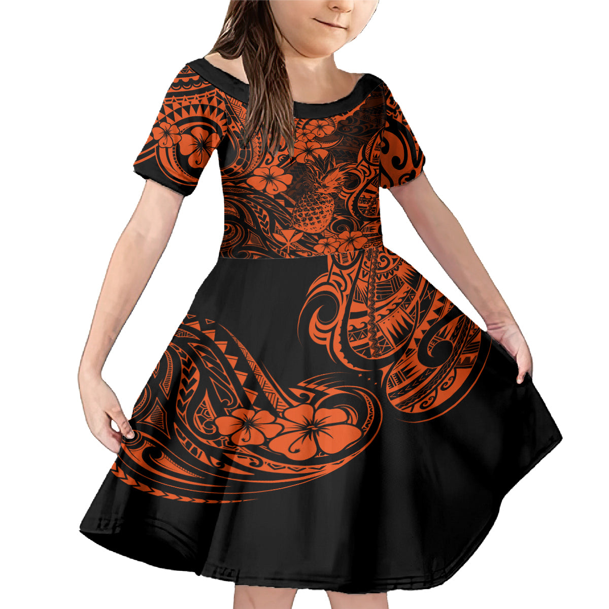 Hawaii Pineapple Family Matching Mermaid Dress and Hawaiian Shirt Paradise Flowers Pacific With Orange Polynesian Tribal LT01 Daughter's Dress Orange - Polynesian Pride