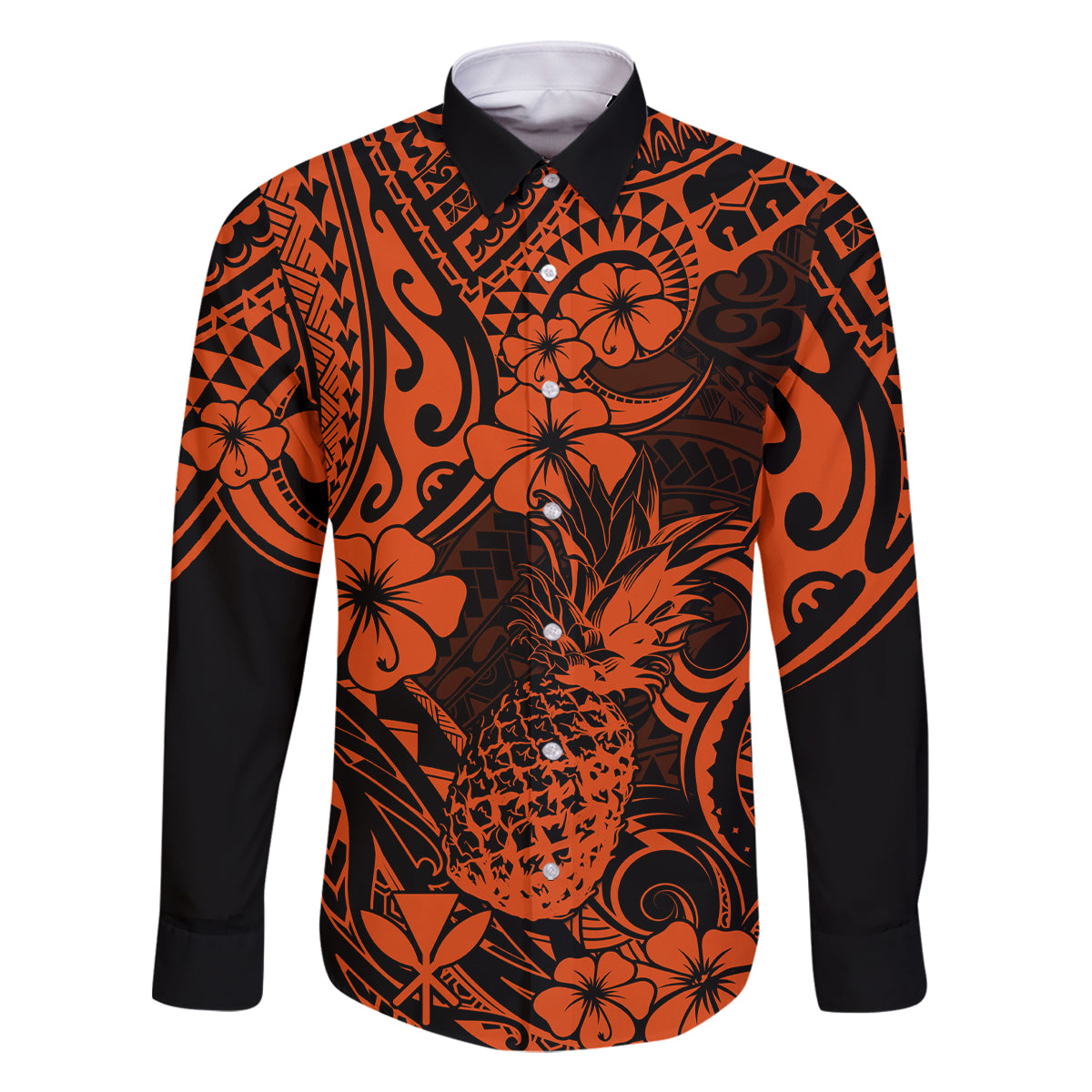 Hawaii Pineapple Family Matching Off Shoulder Maxi Dress and Hawaiian Shirt Paradise Flowers Pacific With Orange Polynesian Tribal LT01 Dad's Shirt - Long Sleeve Orange - Polynesian Pride