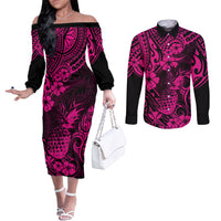 Hawaii Pineapple Couples Matching Off The Shoulder Long Sleeve Dress and Long Sleeve Button Shirts Paradise Flowers Pacific With Pink Polynesian Tribal LT01 Pink - Polynesian Pride