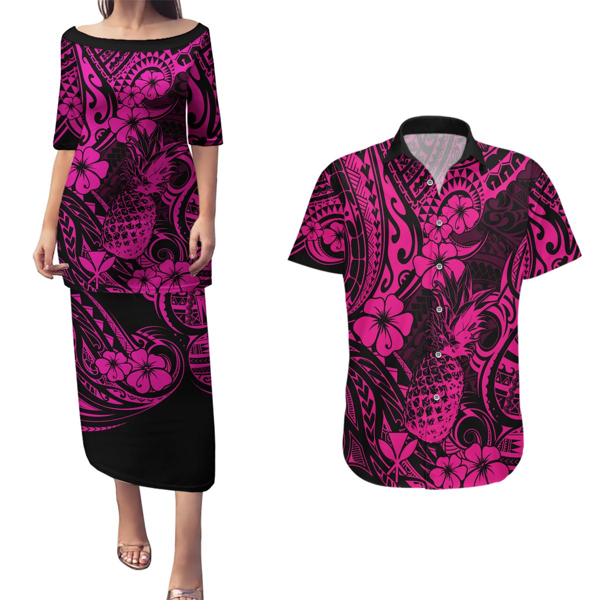 Hawaii Pineapple Couples Matching Puletasi Dress and Hawaiian Shirt Paradise Flowers Pacific With Pink Polynesian Tribal LT01 Pink - Polynesian Pride