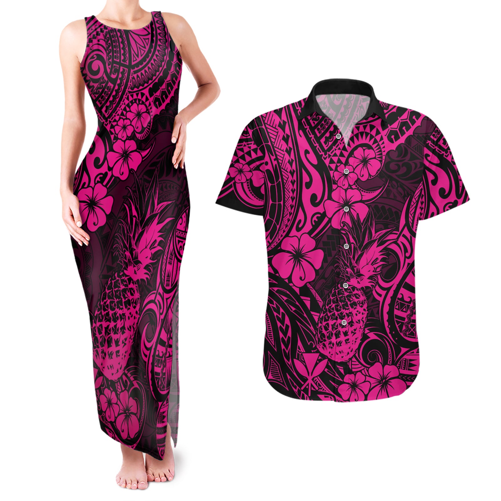 Hawaii Pineapple Couples Matching Tank Maxi Dress and Hawaiian Shirt Paradise Flowers Pacific With Pink Polynesian Tribal LT01 Pink - Polynesian Pride