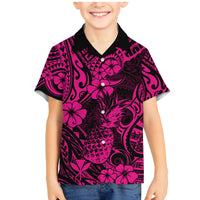 Hawaii Pineapple Family Matching Mermaid Dress and Hawaiian Shirt Paradise Flowers Pacific With Pink Polynesian Tribal LT01 Son's Shirt Pink - Polynesian Pride