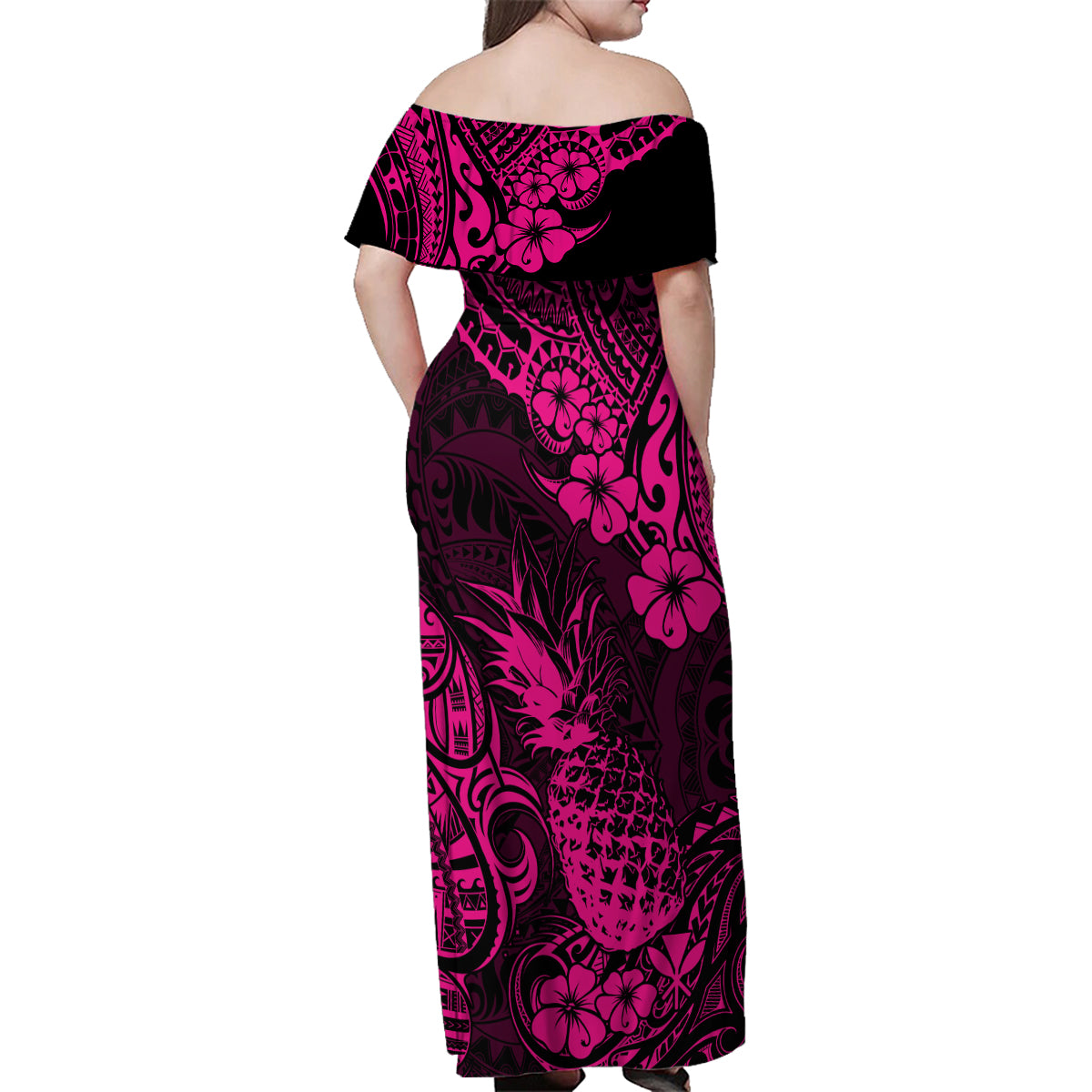 Hawaii Pineapple Family Matching Off Shoulder Maxi Dress and Hawaiian Shirt Paradise Flowers Pacific With Pink Polynesian Tribal LT01 - Polynesian Pride
