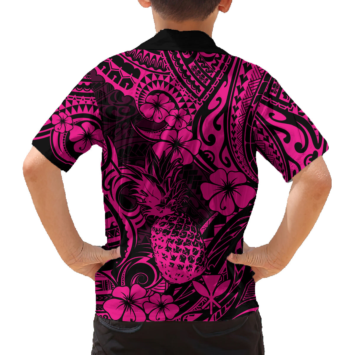 Hawaii Pineapple Family Matching Off Shoulder Short Dress and Hawaiian Shirt Paradise Flowers Pacific With Pink Polynesian Tribal LT01 - Polynesian Pride