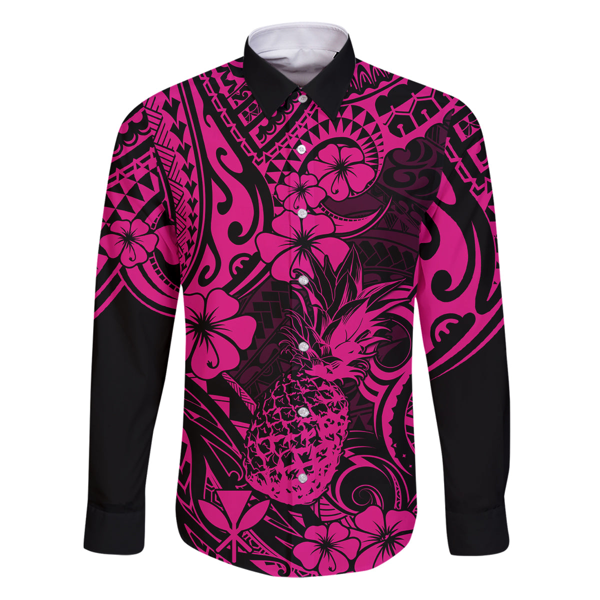 Hawaii Pineapple Family Matching Puletasi Dress and Hawaiian Shirt Paradise Flowers Pacific With Pink Polynesian Tribal LT01 Dad's Shirt - Long Sleeve Pink - Polynesian Pride