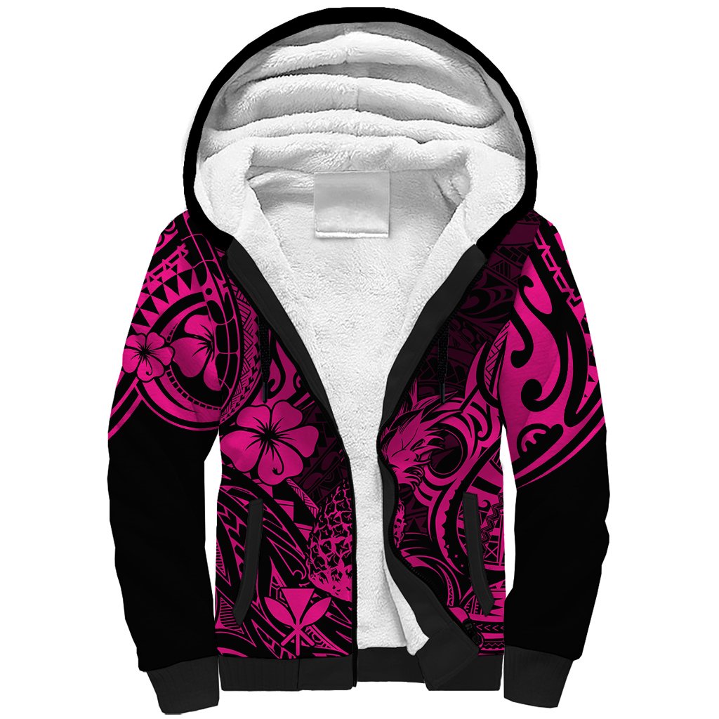 Hawaii Pineapple Sherpa Hoodie Paradise Flowers Pacific With Pink Polynesian Tribal LT01 Unisex Pink - Polynesian Pride