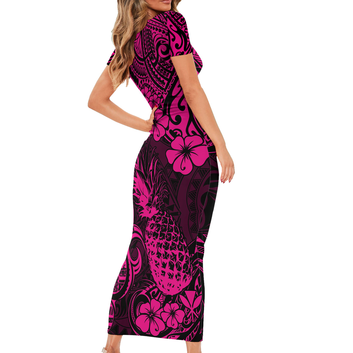 Hawaii Pineapple Short Sleeve Bodycon Dress Paradise Flowers Pacific With Pink Polynesian Tribal LT01 - Polynesian Pride