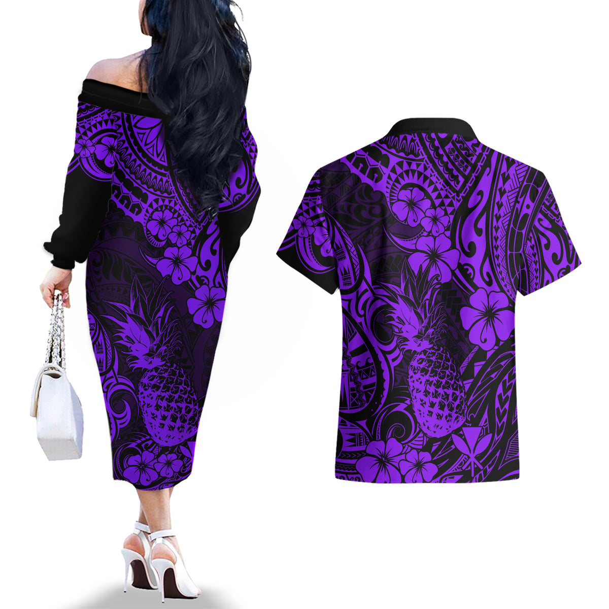 Hawaii Pineapple Couples Matching Off The Shoulder Long Sleeve Dress and Hawaiian Shirt Polynesian Pattern Purple Version LT01 - Polynesian Pride