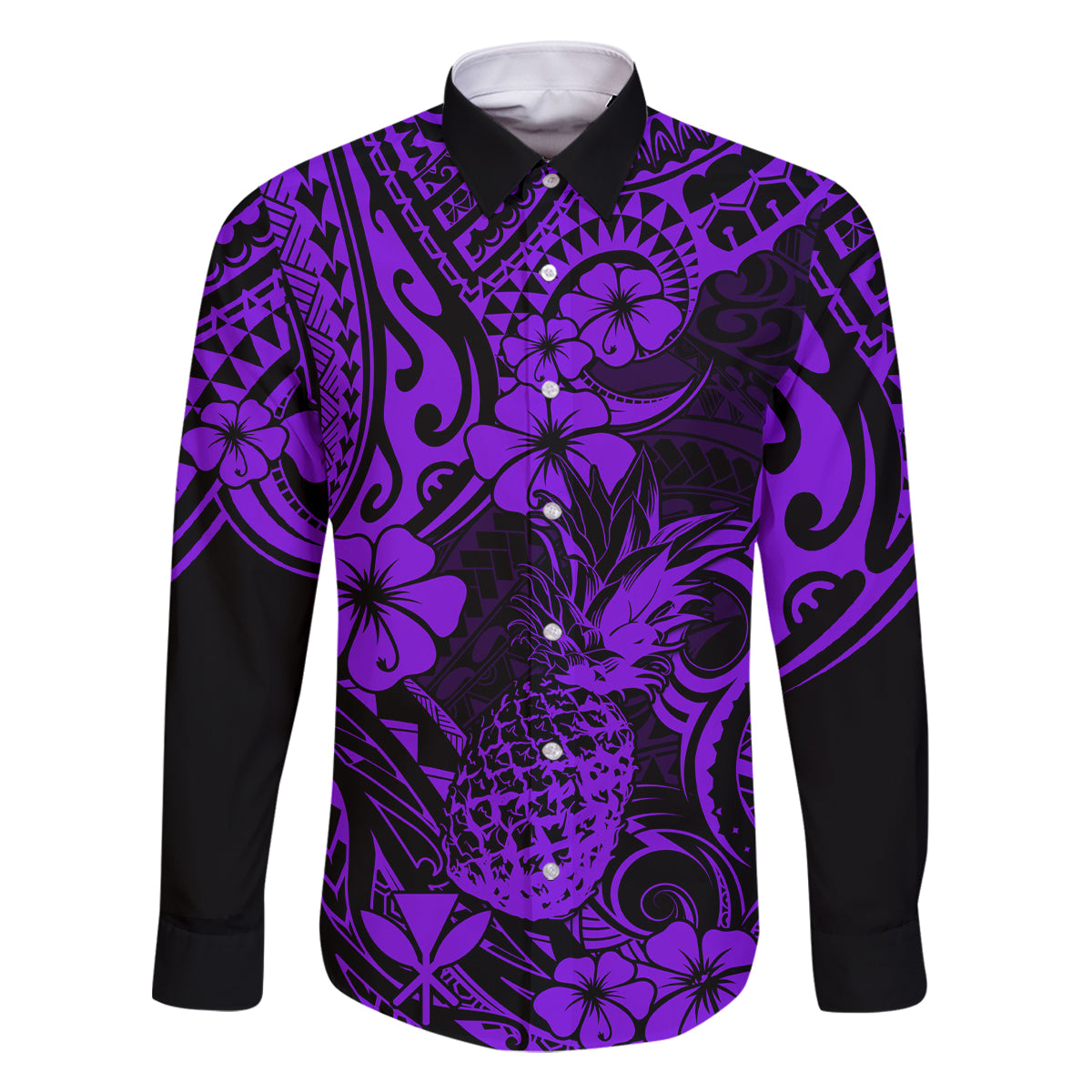 Hawaii Pineapple Family Matching Off Shoulder Maxi Dress and Hawaiian Shirt Polynesian Pattern Purple Version LT01 Dad's Shirt - Long Sleeve Purple - Polynesian Pride