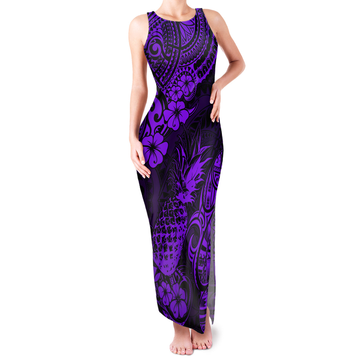 Hawaii Pineapple Family Matching Tank Maxi Dress and Hawaiian Shirt Polynesian Pattern Purple Version LT01 Mom's Dress Purple - Polynesian Pride