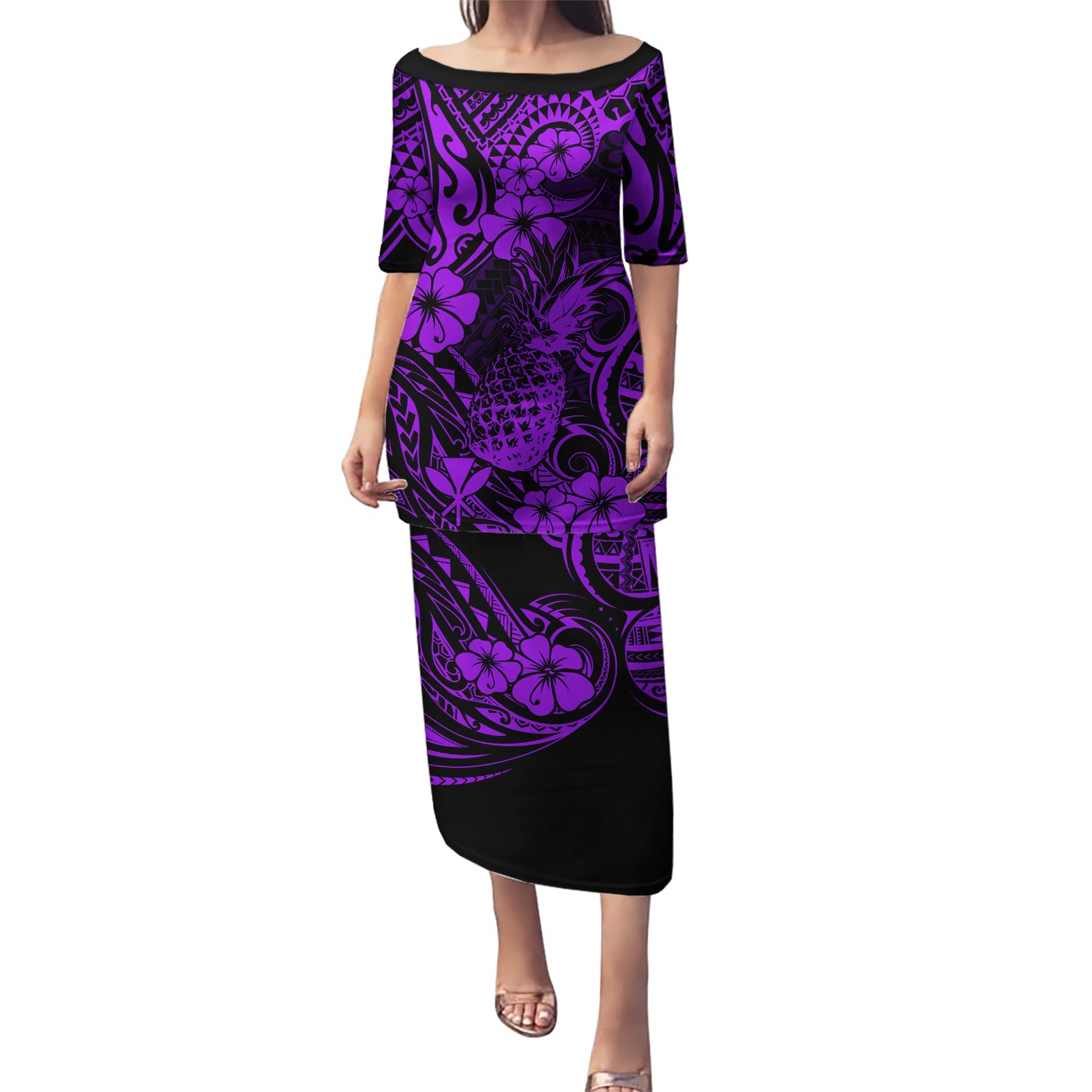 Hawaii Pineapple Puletasi Polynesian Pattern Purple Version LT01 Long Dress Purple - Polynesian Pride