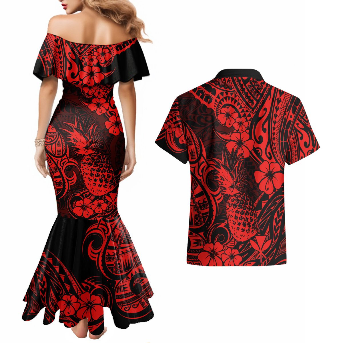 Hawaii Pineapple Couples Matching Mermaid Dress and Hawaiian Shirt Polynesian Pattern Red Version LT01 - Polynesian Pride