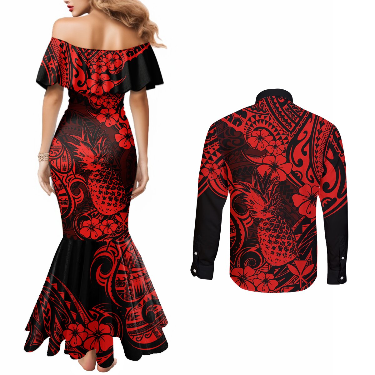 Hawaii Pineapple Couples Matching Mermaid Dress and Long Sleeve Button Shirts Polynesian Pattern Red Version LT01 - Polynesian Pride