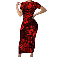 Hawaii Pineapple Family Matching Short Sleeve Bodycon Dress and Hawaiian Shirt Polynesian Pattern Red Version LT01 Mom's Dress Red - Polynesian Pride