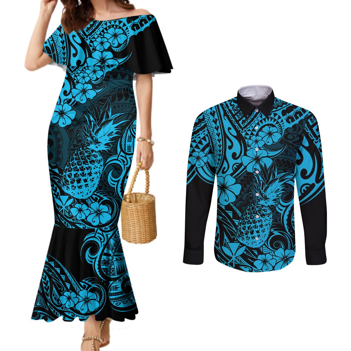Hawaii Pineapple Couples Matching Mermaid Dress and Long Sleeve Button Shirts Polynesian Pattern Sky Blue Version LT01 Blue - Polynesian Pride