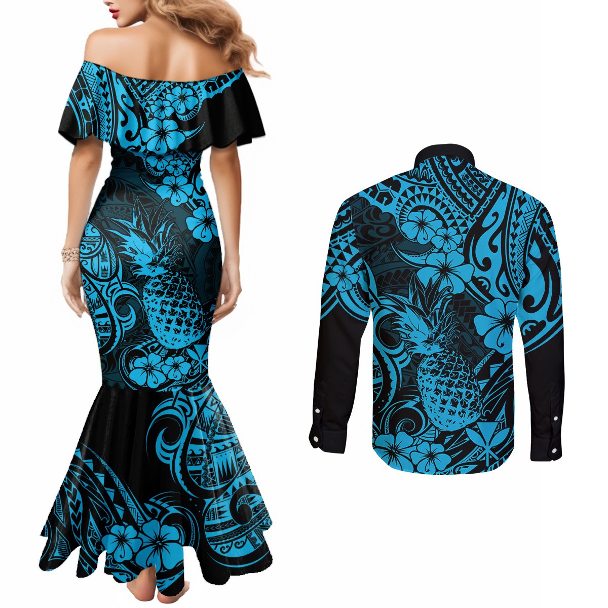 Hawaii Pineapple Couples Matching Mermaid Dress and Long Sleeve Button Shirts Polynesian Pattern Sky Blue Version LT01 - Polynesian Pride